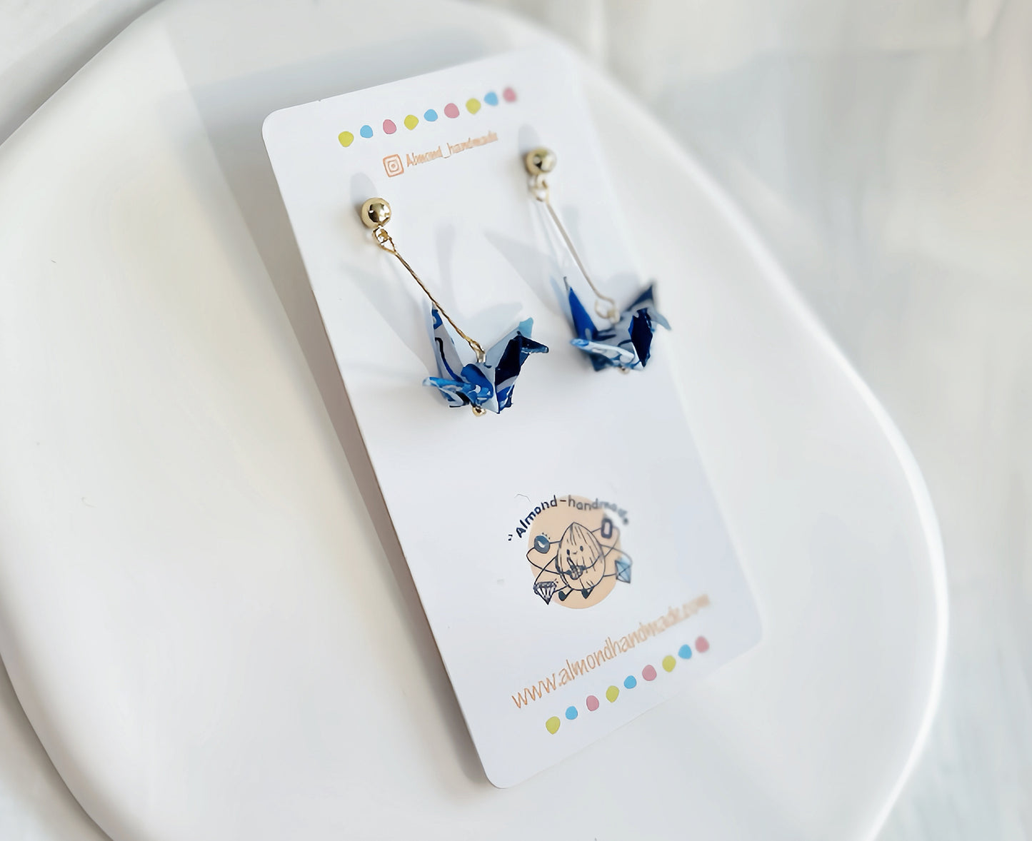 Origami Paper Crane Earrings Blue