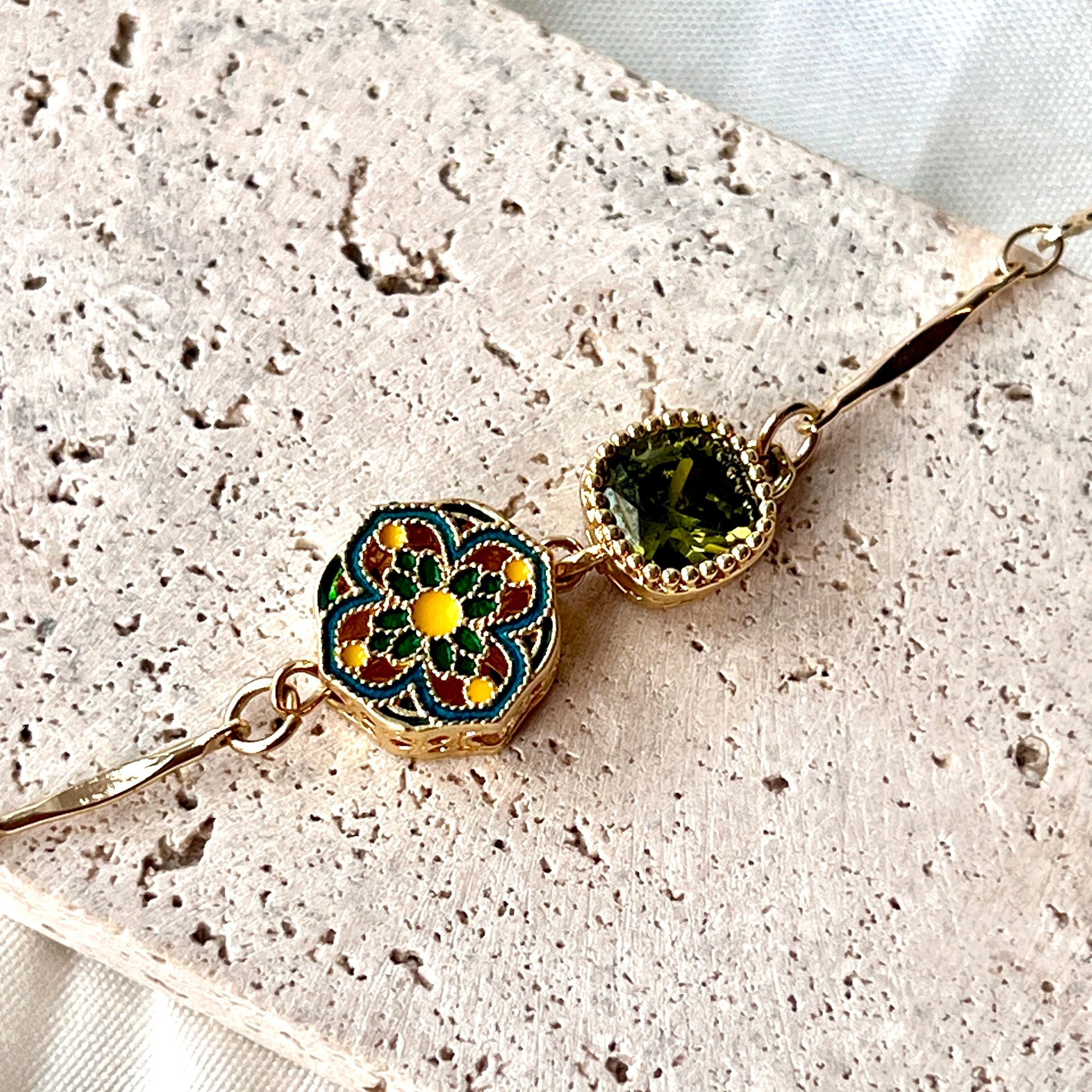 Chinese Enamel on 14k Gold-plated Cloisonne Enamel Sterling Silver Art Jewelry Good Luck Gifts/ Elegant Gift for Her/ Good Fortune/ Handmade Bracelet/ Anniversary Gift