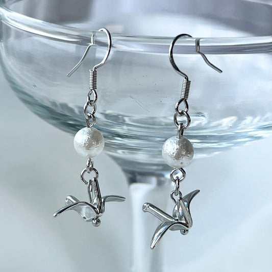 Handmade Paper Crane Silver Earrings with Japanese Cotton Beads /Bridesmaid gift/Gift for her/good luck gifts/gift for her/Stainless Steel Waterproof Anti tarnish