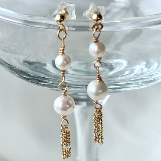 Handmade Thick 14K Gold Plating Double Pearls Gold Tassel Earrings /Bridesmaid gift/Gift for her/good luck gifts/gift for her/Stainless Steel Waterproof Anti tarnish