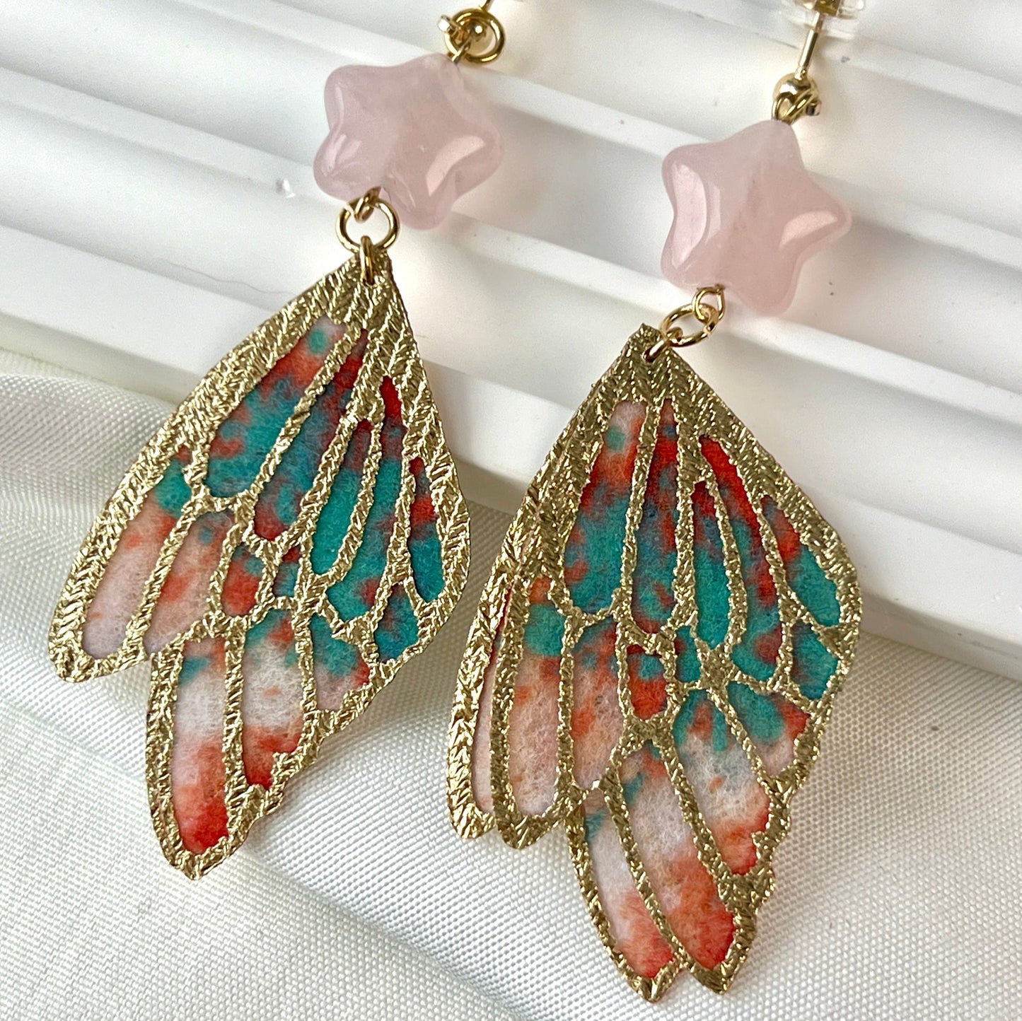 Angel Wings Earrings with Crystal Star Coral