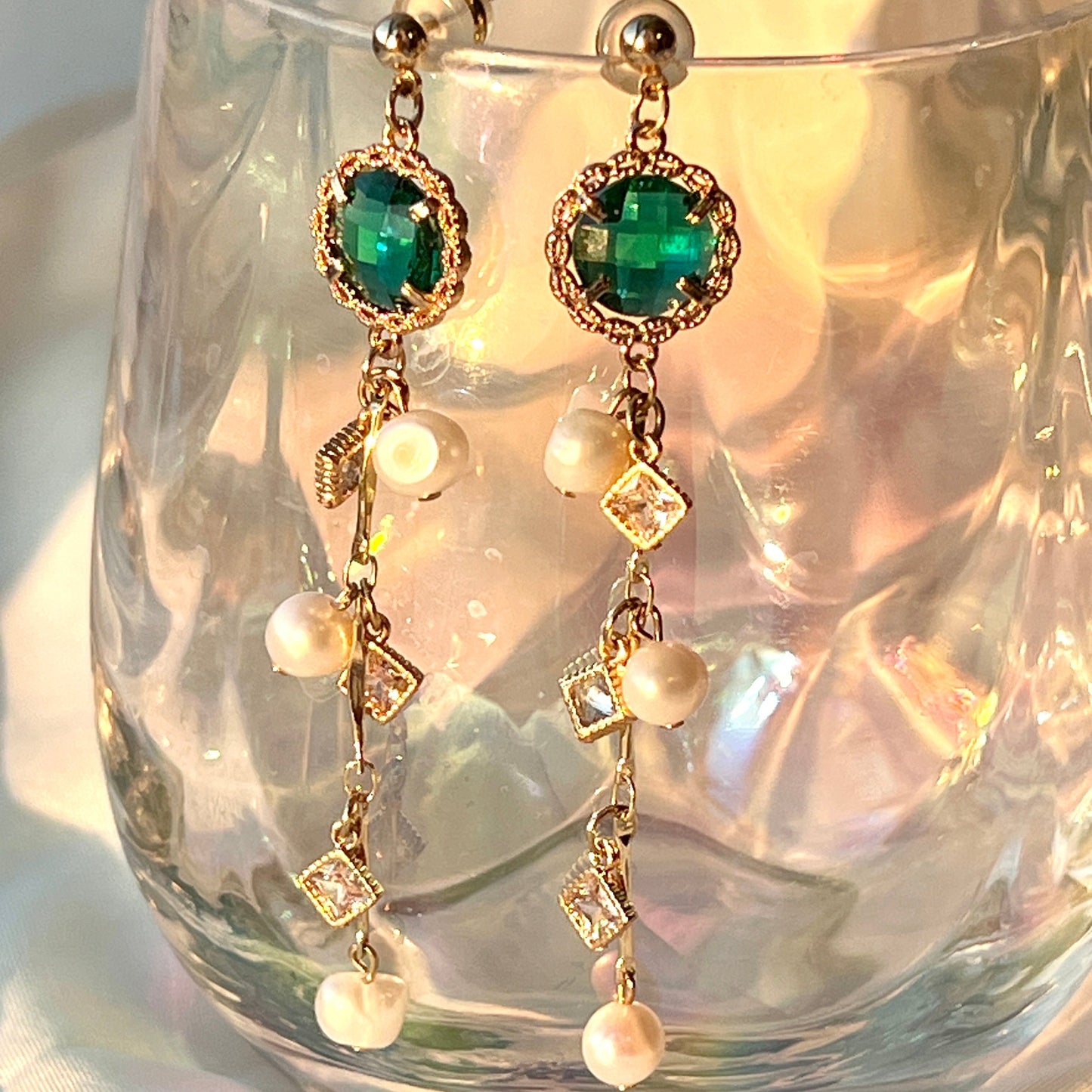 Almond 14K Thicker Gold Freshwater Pearl Stering Silver 925 Vintage Emerald Motif Shooting Star Earrings